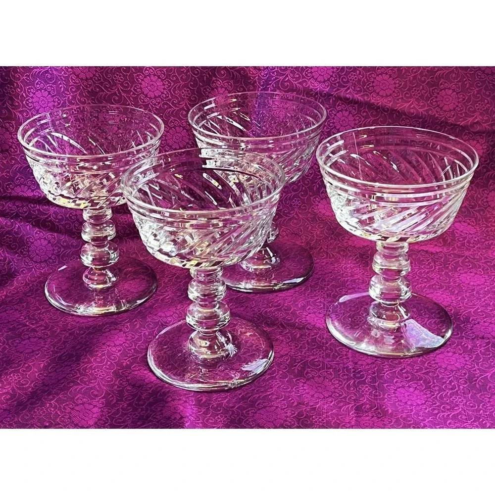 4 1930s Art Deco Libby Rock Sharpe Fine Crystal Champagne Sherbert Glasses #1002